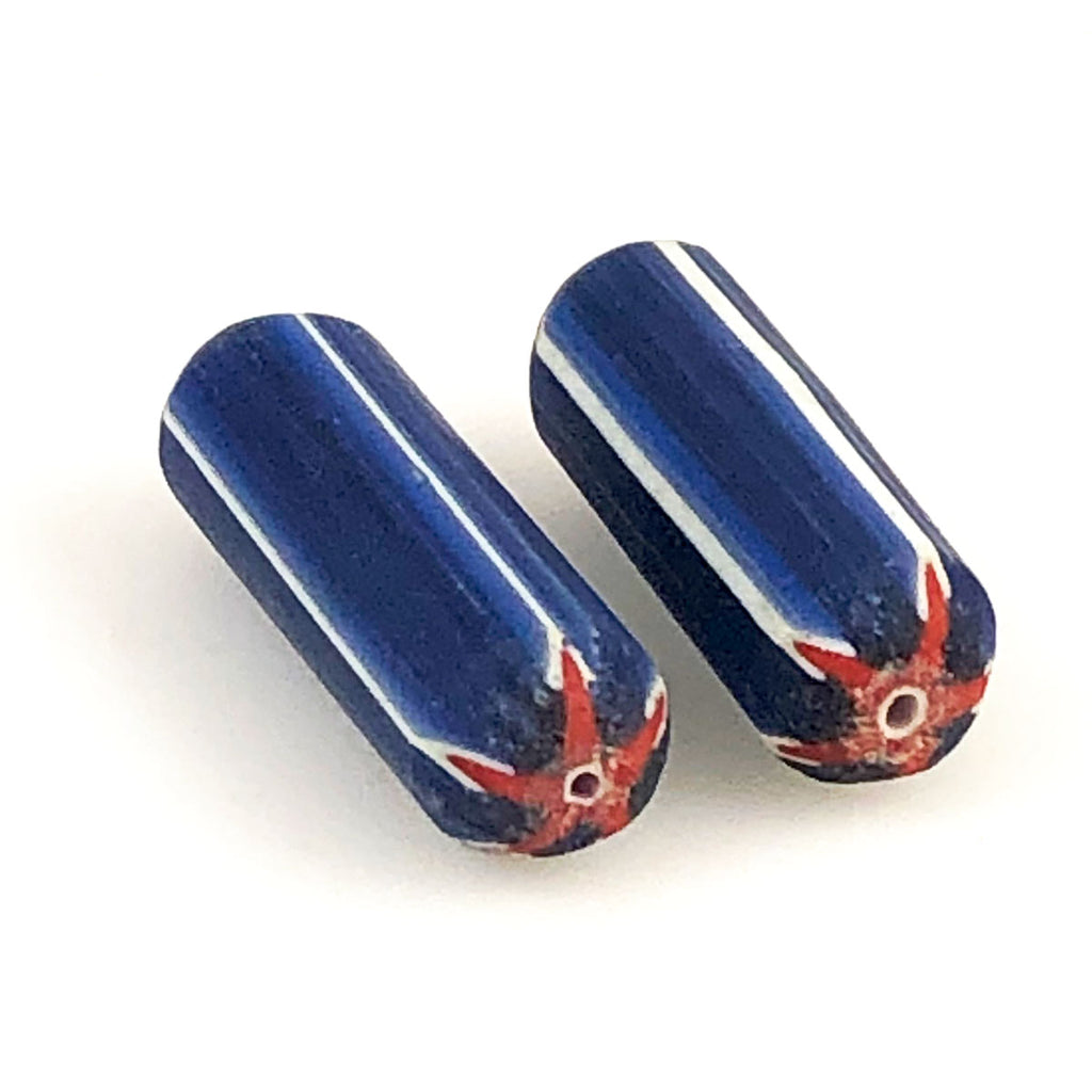 Blue, White & Red Chevron Glass Tube Beads