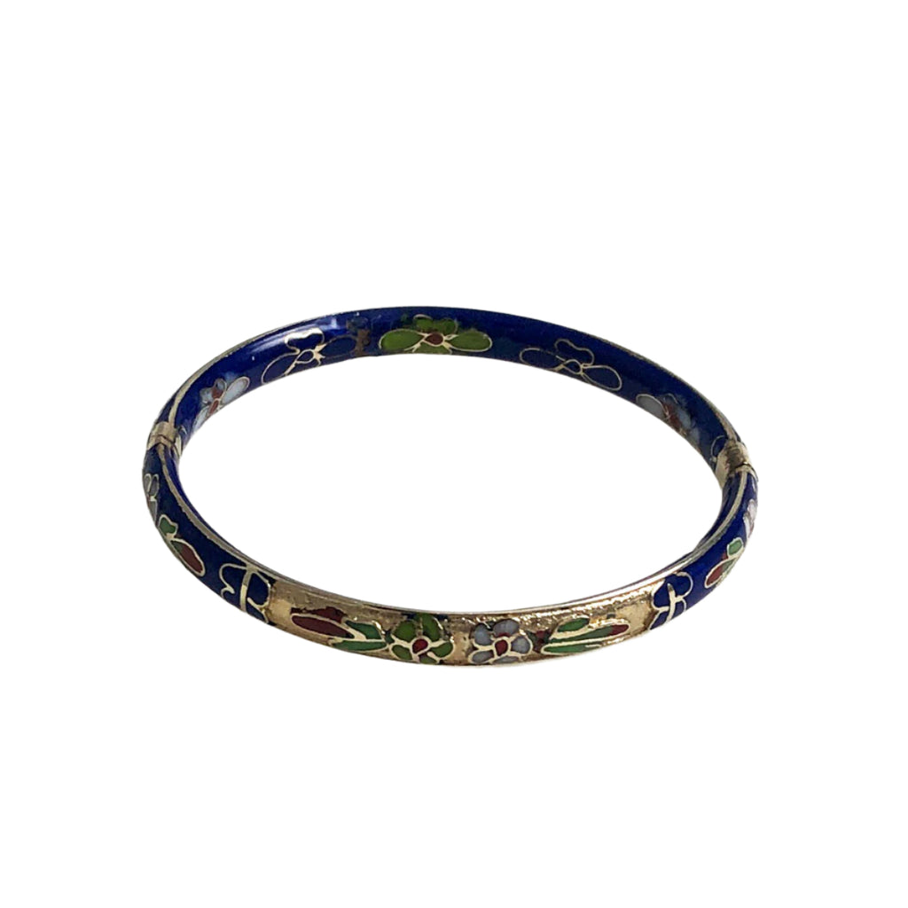 Blue Cloisonne Floral Bangle Bracelet Hinged