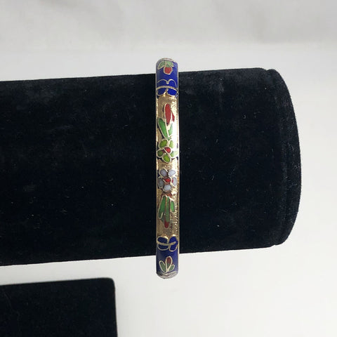 Blue Cloisonne Floral Bangle Bracelet Hinged