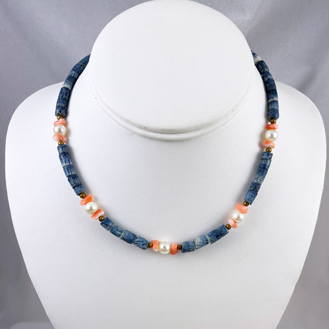 Blue Denim Heishi Coral & Pearl Necklace
