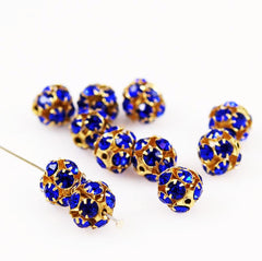 Swarovski 10mm Sapphire Rhinestone Crystal Balls Gold Plated - 6 beads