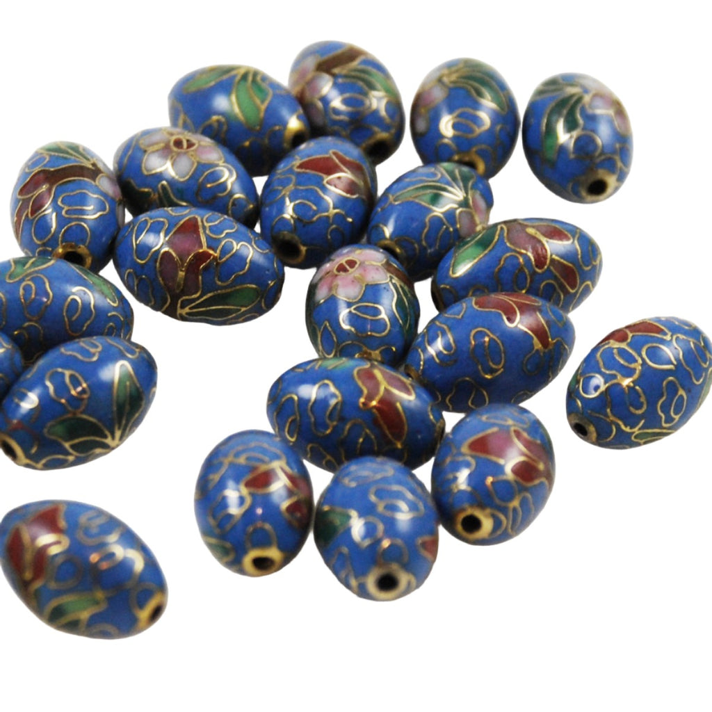 Blue Cloisonne Oval Beads Vintage Chinese 