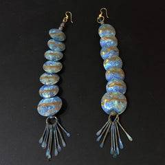 Modernist Brass Shoulder Duster Earrings Blue Patina