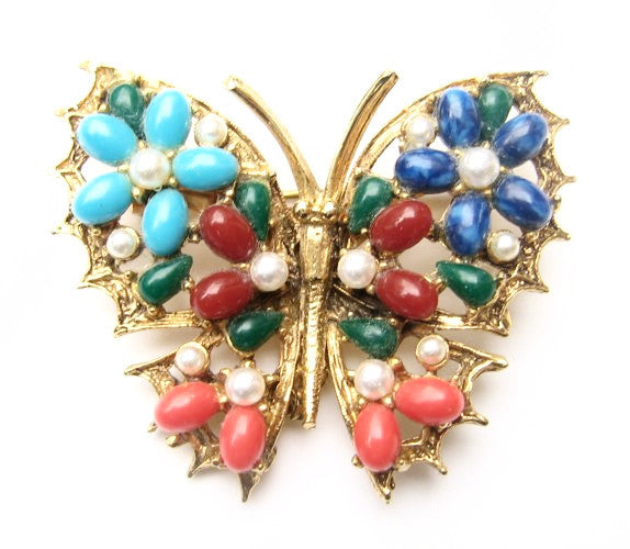 Art Colorful Stone & Pearl Butterfly Brooch
