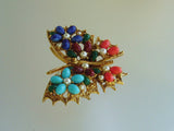 Art Colorful Stone & Pearl Butterfly Brooch
