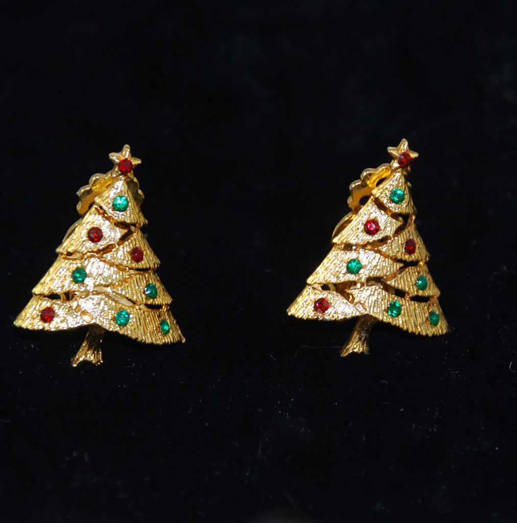 Traditional Rhinestone Christmas Tree Clip On Earrings Vintage