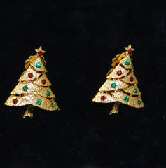 Rhinestone Christmas Tree Clip On Earrings Vintage