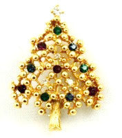 Gold Plated Rhinestone Christmas Tree Pin Vintage