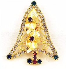 Rhinestone & Filigree Christmas Tree Pin Vintage Gold Tone