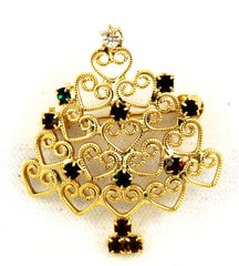 Rhinestone & Filigree Heart Christmas Tree Pin Vintage