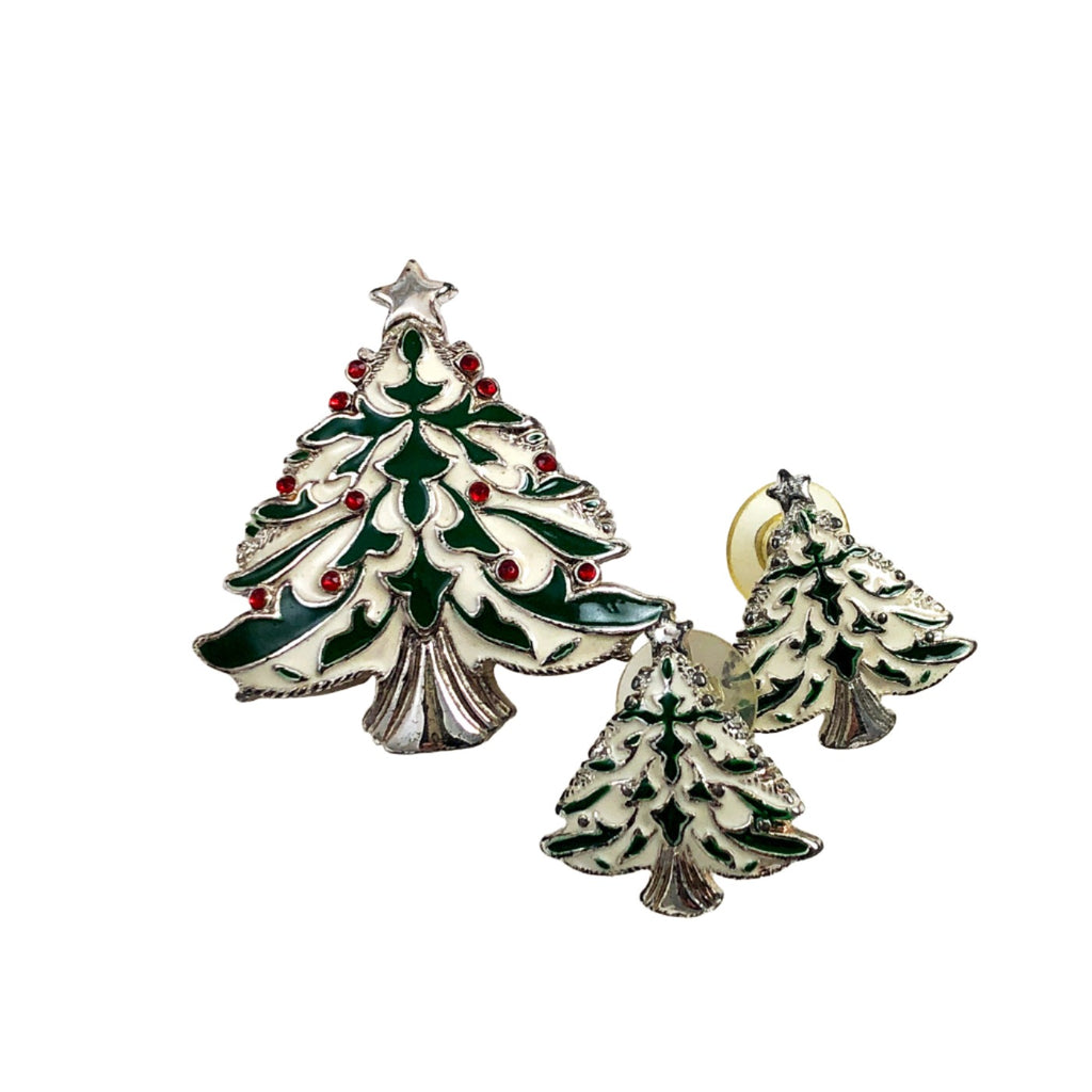 Enamel Christmas Tree Brooch and Earring Set