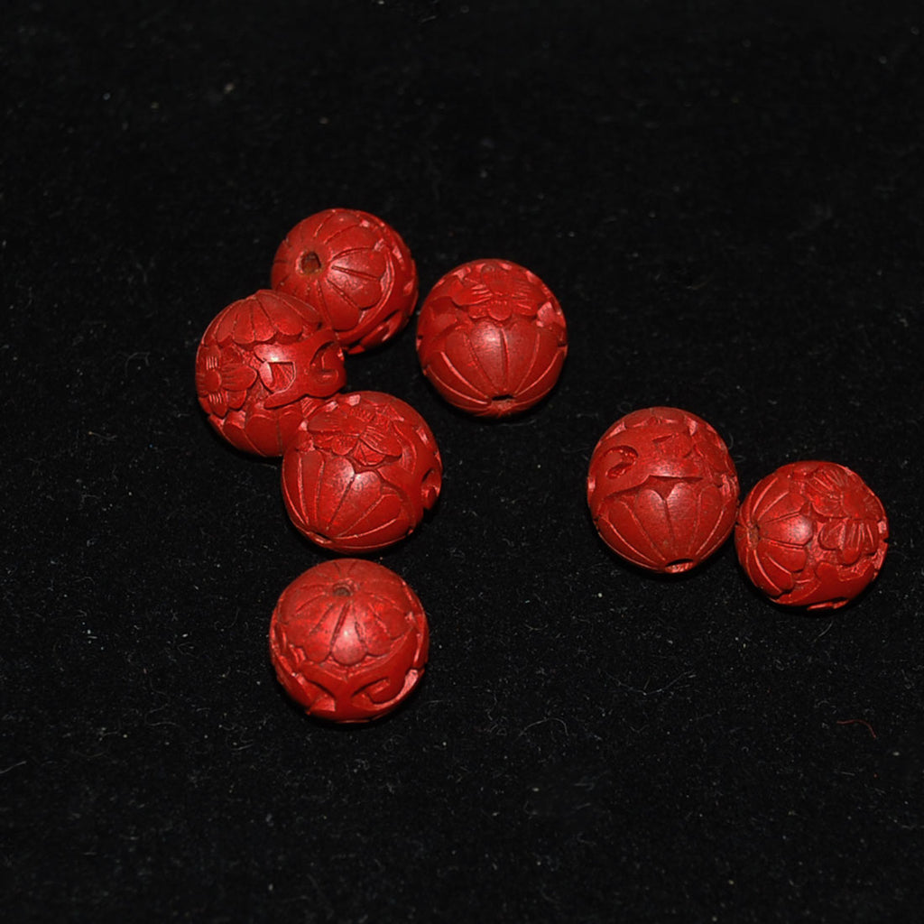 Carved Red Cinnabar Chinese Beads (6) Vintage