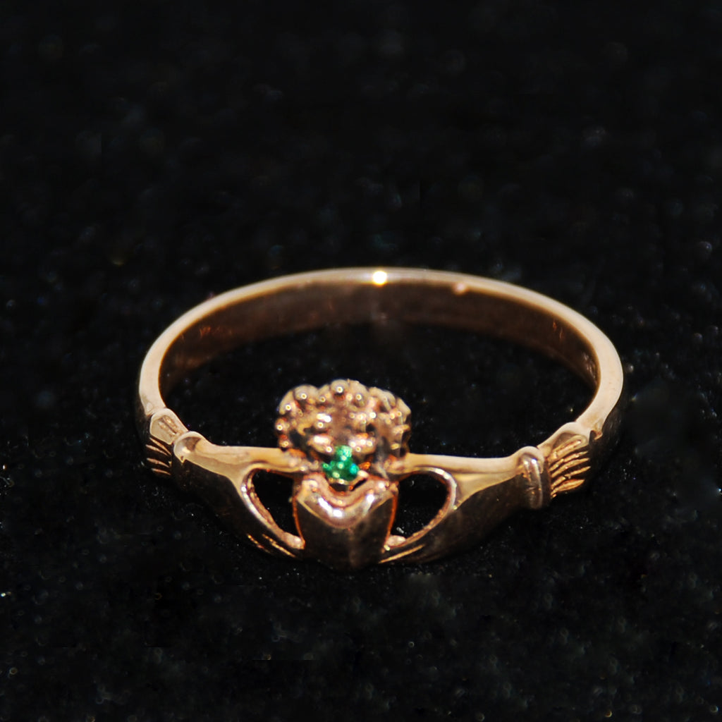 Antique Irish Claddagh Ring 10K Rose Gold Emerald – Estate Beads