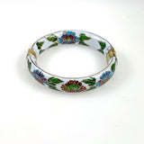 White Cloisonne Floral Bangle Bracelet Hinged