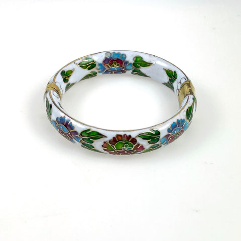 White Cloisonne Floral Bangle Bracelet Hinged