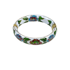 White Cloisonne Floral Bangle Bracelet Hinged