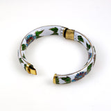 White Cloisonne Floral Bangle Bracelet Hinged