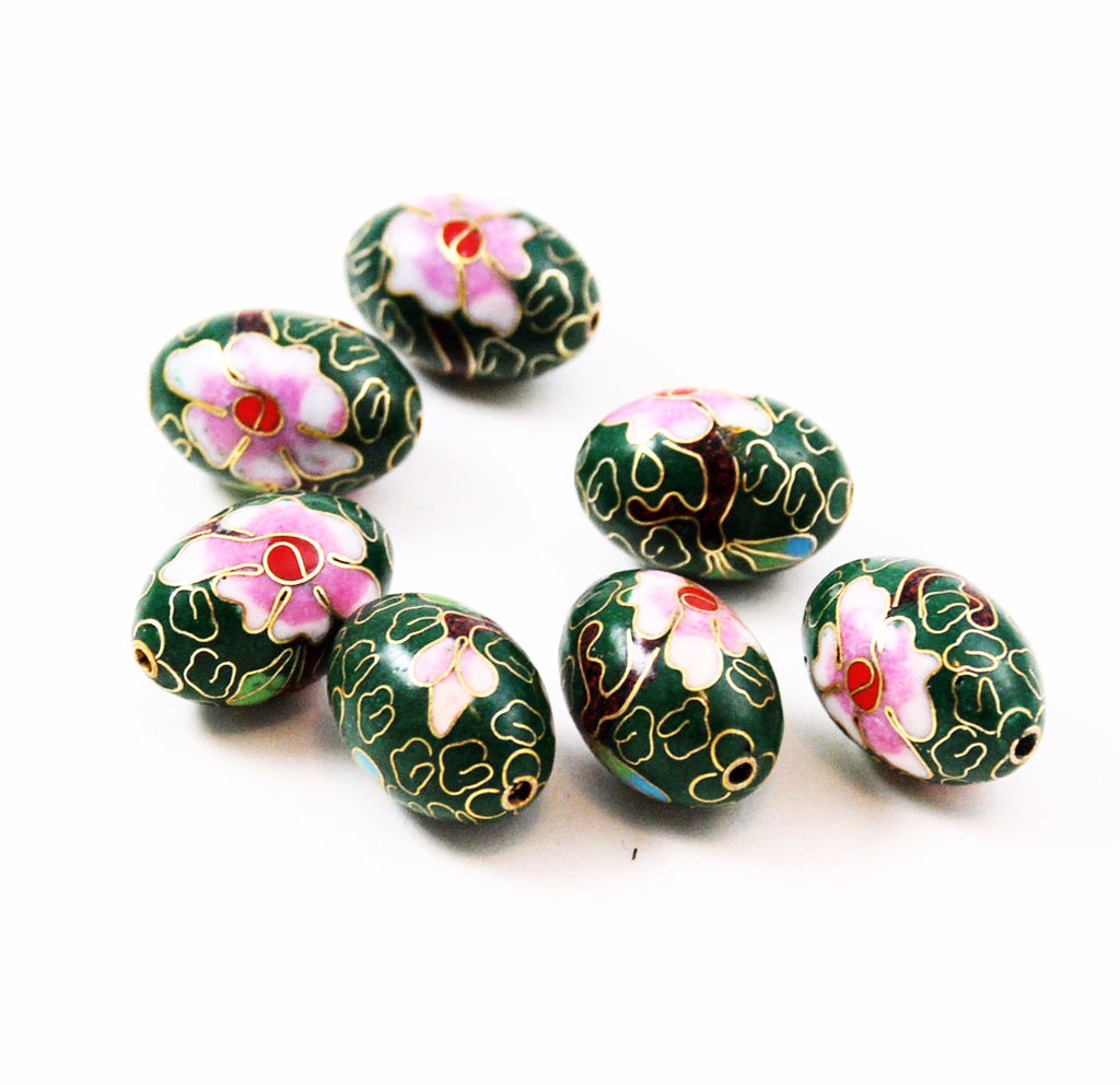 Large Cloisonne Green Oval Beads Vintage Chinese