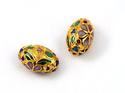 Large Cloisonne Gold Oval Beads Vintage Chinese 18 x 12mm