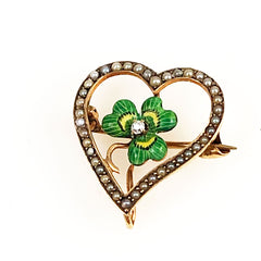 Victorian Clover & Heart 12K Gold Watch Pin with Diamond and Pearls