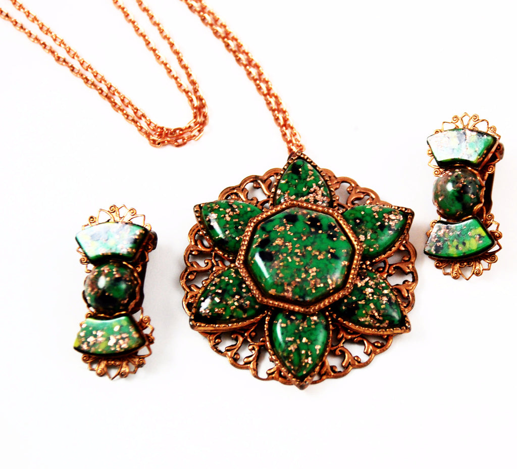 Copper & Green Confetti Glass Necklace Earring Set