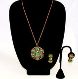 Copper & Green Confetti Glass Necklace Earring Set
