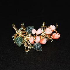 Carved Angel Skin Coral & Jade Gold Brooch