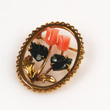 Vintage Coral & Jade Gold Brooch