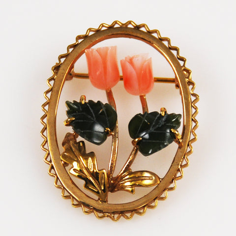 Angel Skin Coral & Jade Gold Brooch