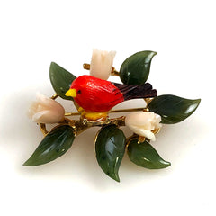 Coral & Jade Bird Brooch