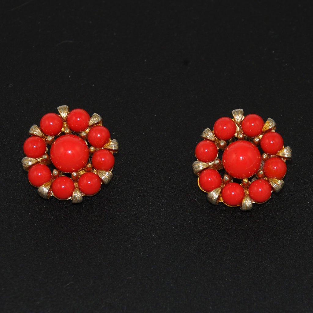 Coral Beaded Cluster Earrings