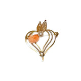 Gold Filigree & Coral Heart Brooch Vintage