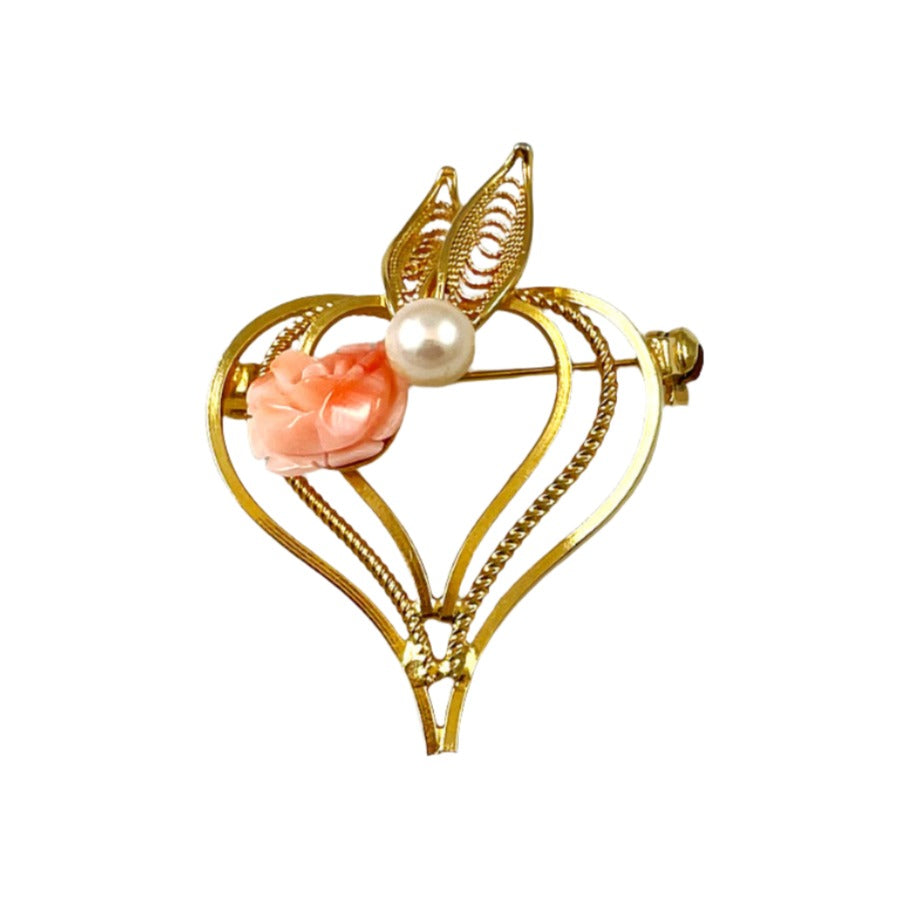 Gold Filigree & Coral Heart Brooch Vintage