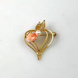 Gold Filigree & Coral Heart Brooch Vintage