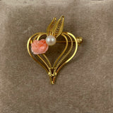 Gold Filigree & Coral Heart Brooch Vintage