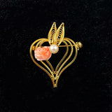 Gold Coral Heart Brooch Vintage
