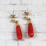  Red Coral Drop & 14K Gold Earrings Vintage