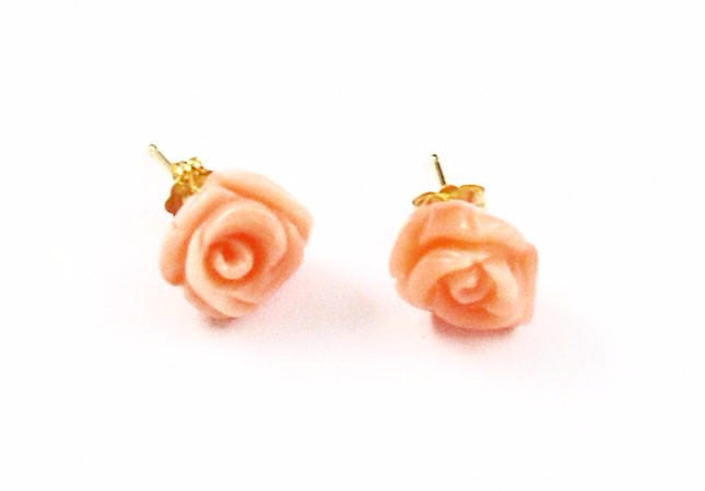 Pink Coral Rose Earrings Gold