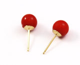 Italian Red Coral Button Earrings 14Kt Gold Posts