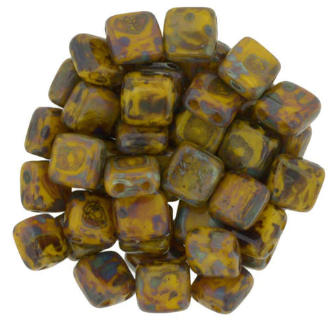 CzechMates 6mm Square Glass Beads Opaque Yellow Picasso