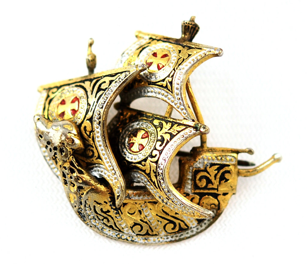 Spanish Damascene Sailing Ship Brooch Vintage