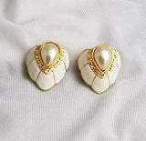 White Enamel Rhinestone & Pearl Clip On Earrings