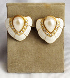White Enamel Rhinestone & Pearl Clip On Earrings