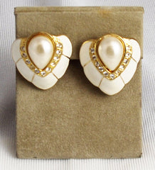 White Enamel Rhinestone & Pearl Clip On Earrings Vintage