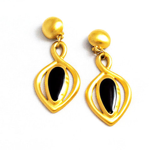 Gold and Black Enamel Chandelier Clip On Earrings