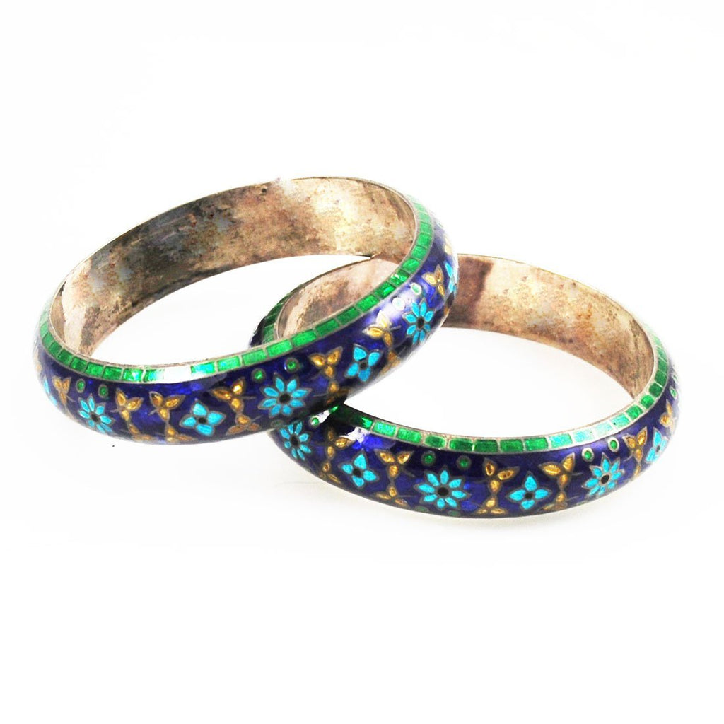 Pair of Blue & Green Enamel Floral Bracelets