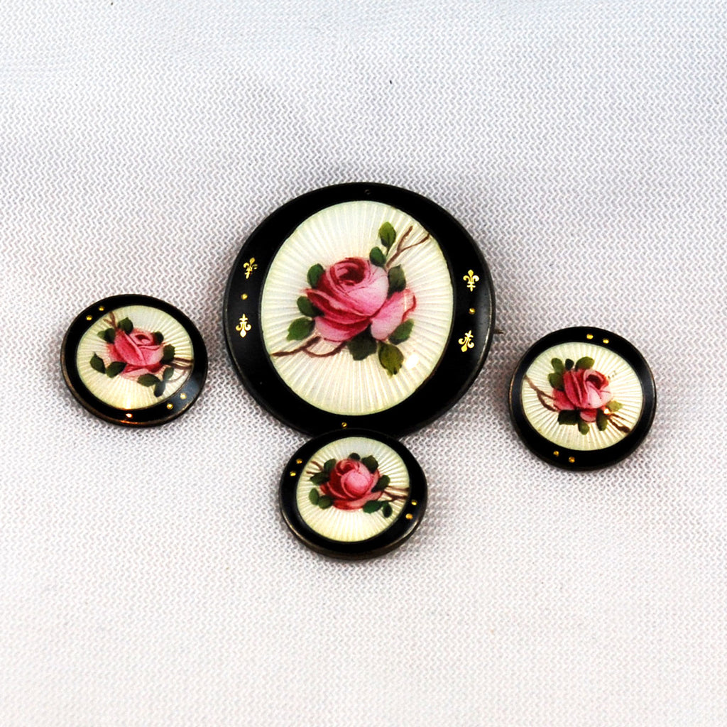 Enamel & Sterling Brooch and Button Set