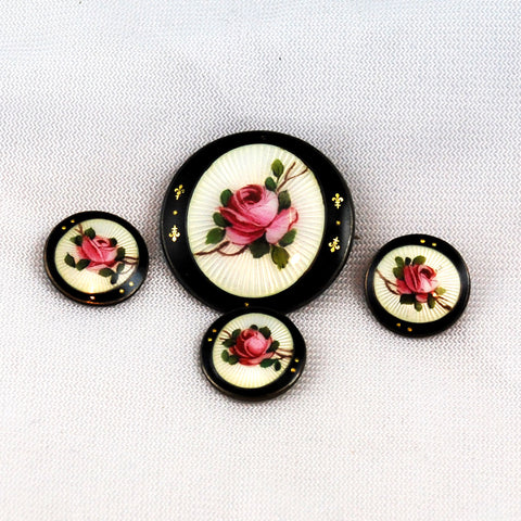 Enamel & Sterling Brooch and Button Set