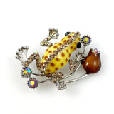 Rhinestone & Yellow Enamel Frog Brooch Vintage