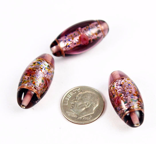 Purple Confetti Lamp Work Oval Beads